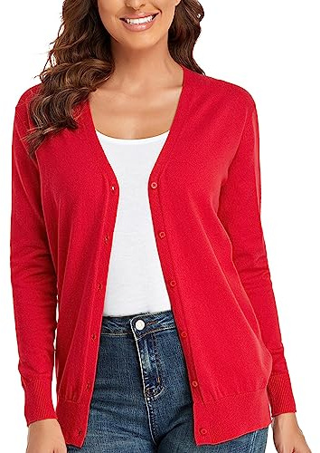 CUNYI Cardigan para Mujer Escote en V Rebeca de Punto Manga Larga