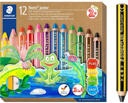 STAEDTLER 3in1 Buntstifte und Kinder Bleistift Noris junior, Bunt-, Wachsmal- und Aquarellstift, sehr dicke Mine, extra bruchsicher, ideal für Kinder, 12 Farben, Spitzer und Bleistift, 140 C12P1X
