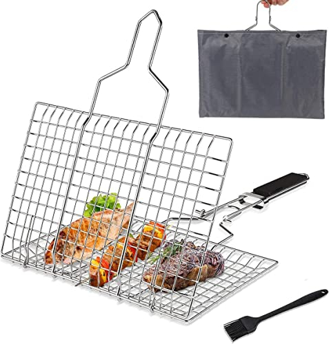 Portable BBQ Grill Mesh with Removable Wood Handle, Folding Grilling Basket Heavy Duty for Meat Shrimp Vegetable Fish, Outdoor Barbecue Accessories Stainless Steel, BBQ Rack Tool Basting Brush 32x22cm