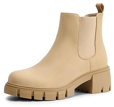 DREAM PAIRS Stivaletti da donna elasticizzati Chelsea con plateau basso grosso tacco a blocco suola antiscivolo con tacco autunnale, Nude, 35.5 EU