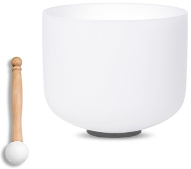 SOUNDELLO 9 inch White F Note Heart Chakra Quartz Crystal Singing Bowl, for Healing Mindfulness Meditation Yoga Sound Baths, with Rubber Mallet O-ring