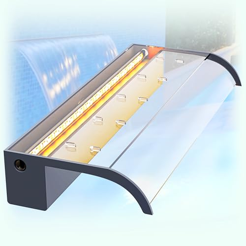 Longrun Kit Cascade de Bassin 60 cm, Écoulement en Acrylique Courbé, Fontaine de Piscine Extérieure avec Éclairage LED Bluetooth 7 Couleurs et Télécommande, Largeur 26 cm