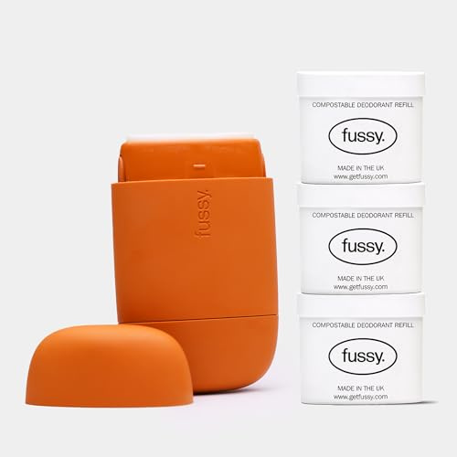 Fussy - Natural Refillable Deodorant - Aluminium Free - 24 Hour Protection - Citrus Scent (3 x 40g) & Burnt Orange Case - Mandarin, Grapefruit & Pepper - Vegan & Cruelty Free - 100% Natural