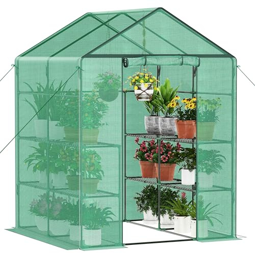 Ribelli Invernadero de plástico con Puerta Enrollable, 143 x 195 x 143 cm, 4 estantes, Resistente al Invierno, lámina de Polietileno, cobertizo de jardín para Plantas, Verduras, Flores, Verde