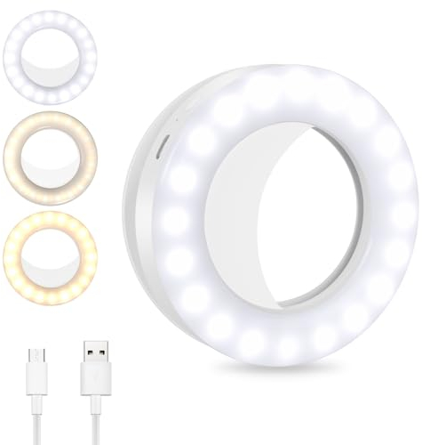 OSDUE Anillo de Luz Selfie,Recargable Clip-On Aro de Luz para MóVil,3 Temperaturas de Color y 5 de Ajuste de Brillo Luz de Relleno para TeléFono,Tableta,Autofoto,Video,Regalos para Mujer.