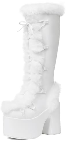 Accloris White Platform Knee High Boots For Womens Warm Faux Fur Lace Up Side Zipper Chunky Heel Punk Goth Winter Snow Mid Calf Boots Size9