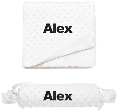 Various Manta Bebé Personalizada con Cojín Caramelo, Nombre Bordado, Set Regalo Recién Nacido,Baby Shower, Cuna y Carrito, Manta 80 x 110 cm, Cojín 30 x 10 cm,Blanco
