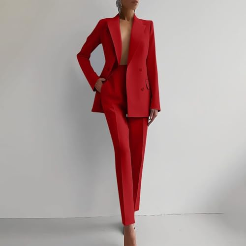 Completo moderno da donna con cappotto a maniche lunghe e pantaloni a vita alta, per giorni casual (S rosso)
