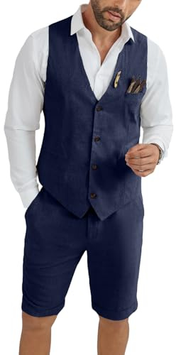 Mens Linen Suit 2 Piece Short Suits for Men Summer Wedding Beach Outfit, Navy Blue, 6XL