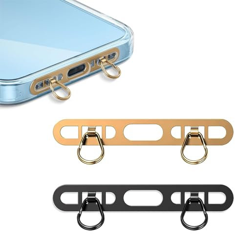 BelleVive 2 Stück Metall-Telefon-Haltelaschen für das iPhone, Handy-Lanyard-Patch mit 2 Ringen, aus Edelstahl, dünn und robust, verhindert Herunterfallen Verlieren (Champagnergold + Schwarz)
