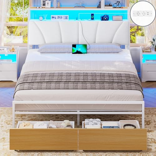 Brinlawb Cadre de lit 140x200 avec Sommier Métal Lit 2 Personnes avec Lumières LED et Multiprise (2 Prises AC, 2 Ports USB) lit Double en Métal avec 2 Tiroirs, Facile à Assembler, Moderne, Blanc