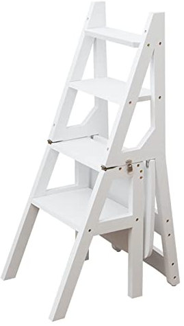 White 4 Step Folding Ladder Chair Wooden Step Stool for Indoor Use Multifunctional Bookshelf & Kitchen Stepladder Compact Stairway Chair for Home & Office