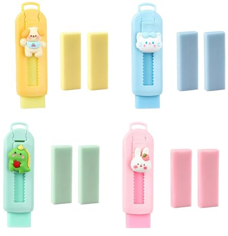 4 + 8 stycken suddgummi sött infällbart suddgummi med plastfodral påfyllnings-suddgummi för studenter, barn, skola, hemtillbehör, rektangulär