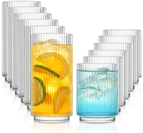 INSETLAN Ribbed Drinking Glasses Set of 12 – 6 Highball Glasses 12oz, 6 Rocks Cocktail Glasses 8oz – Everyday Glassware, Glass Cups for Iced Coffee, Cocktails, Whiskey, Water & Beer, Stackable