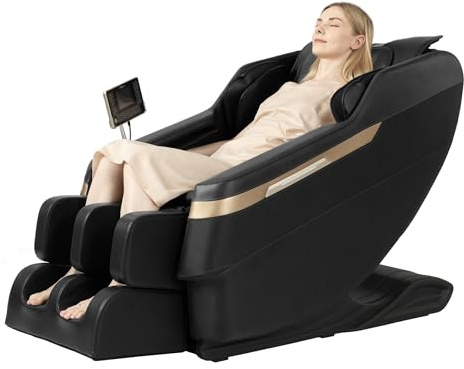 Real Relax Fauteuil de Massage Complet - Fauteuil de Massage Shiatsu zéro gravité - Chauffage de la Taille et des Mollets - Massage des Pieds - Bluetooth - Grand écran de contrôle (BS02 Noir)