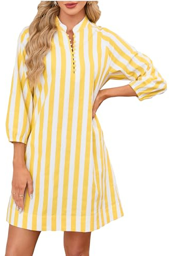 YEXPINE Womens Summer Cotton Striped Mini Dress Casual Beach Vacation Button Down 3/4 Sleeve Tunic Shift Dress Yellow