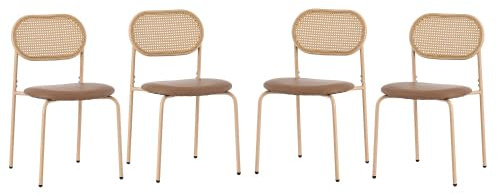 kozamas Juego de 6 sillas de comedor de ratán, modernas sillas de ocio con respaldo de ratán ovalado y patas de metal, asiento de poliuretano marrón, para grandes grupos de comedor, salón, cafetería
