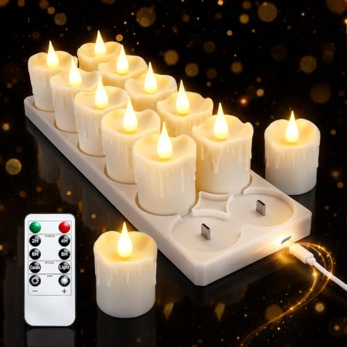 12 velas de té LED recargables con estación de carga y mando a distancia, temporizador marfil, sin llama, plástico parpadeante, para fiestas, habitaciones, Halloween, Navidad, decoración (200 horas de