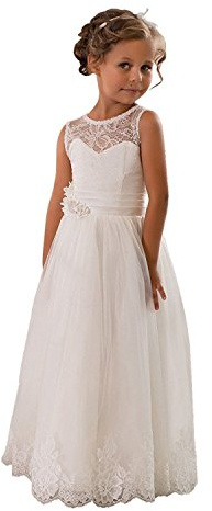 Lace Embellished A-Line Sleeveless Girls Wedding Party Dresses Size 6,Ivory