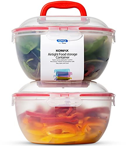 Komax Biokips Set of 2 Large Salad Bowls with Lids – 4.2 Qt Airtight Plastic Food Storage Containers – BPA-Free Salad Bowl with Lid that Locks – Microwave & Dishwasher Safe Salad Mixing Bowls