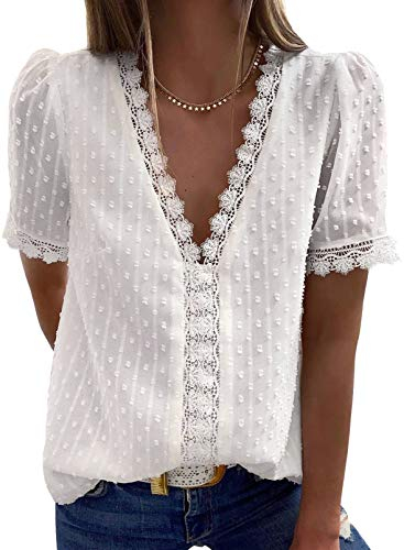 Dokotoo Damen Bluse Weiß Boho Spitze T-Shirt Tops Elegant Frühling Sommer V-Ausschnitt Oberteile Tunika X-Large