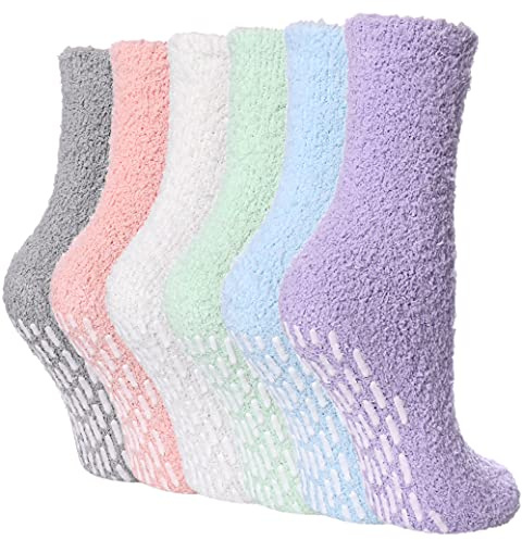 FNOVCO Non Slip Socks for Women Winter Warm Cozy Fuzzy Slipper Socks Soft Fluffy Hospital Socks with Grips (6 Pairs Candy Color)