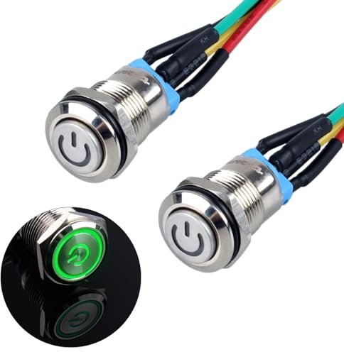 JIQI 2 interruttori a pressione da 12 mm, in metallo, da 12 V a 24 V, 2 A, con simbolo LED verde, IP66, 1no, autobloccante, impermeabile, per barca, camion, camper auto (testa alta)