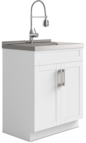 SIMPLIHOME Hennessy All-in-One 28 inch Wide Utility Sink and Laundry Cabinet in Pure White Finish, Transitional Stainless Steel Sink Cabinet for Laundry Rooms with High-Arch Chrome Faucet and Storage
