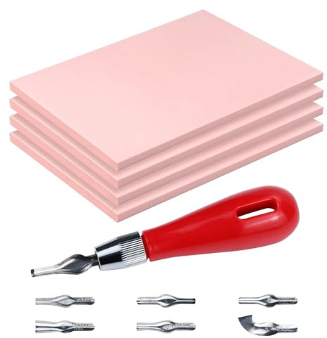 UPlama 4 Pack Rubber Carving Blocks 4x6 Inch with Lino Cutter Tool Set, Soft Rubber Stamp Making Kit for Block Printing, Linoleum Blocks for Printmaking and DIY Stamp Crafts, Pink