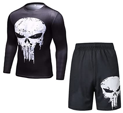 WIOSEN Leggings de gimnasio para hombres Conjunto de carrera de compresión Punisher Design Pantalones Top y manga corta Leggings Ciclismo Fitness Wear Traje de ropa Chándal para adultos,Set C-Adult L