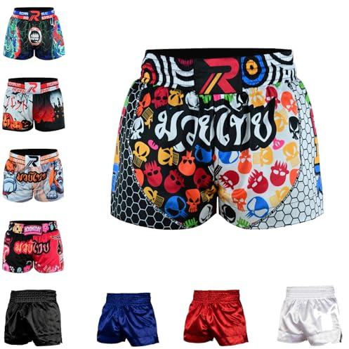 ROAR-INT Kid's Muay Thai Shorts Martial Arts MMA Kickboxing Shorts for Boys Girls Boxing Trunks Shorts (US, Alpha, Medium, Regular, White-Black, Regular Fit)
