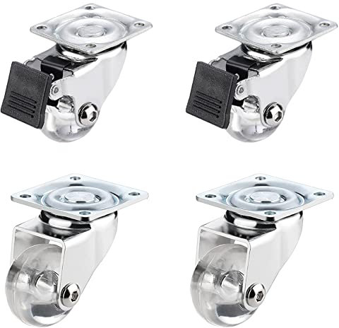 Heavy duty castors Pack of 4 Transparent Swivel Castors Wheels for Furniture,Small Moving Caster Trolley Polyurethane PU Wheels,Diameter 35mm,with Fixing Plate and Ball Bearings,with Screws (Brake+Uni