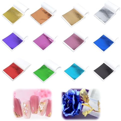 240 Blatt Imitation Blattgold Metallfolie, 12 Farben Mehrfarbige Goldfolie, Goldfolie zum Basteln 8,5x8cm, Blatt Imitation Blattgold zum Vergolden, Malen, Nailart, Dekorieren von Möbeln und DIY