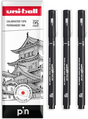 uni-ball PIN Fineliners | Black Fine Tipped Writing Pens | Water & Fade Resistant Ink | Ideal for Sketching, Scrapbooking, Outlining, Art, Technical Drawing | In Envelope Gift Bag (Pack of 3, 0.03mm)