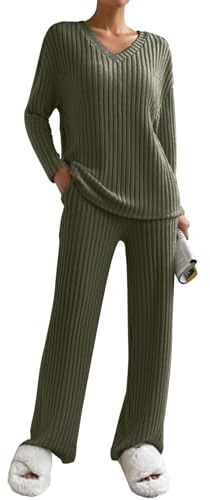 Yutdeng Tuta Donna in Maglia Maniche Lunghe Completo Sportiva con Pantaloni Autunno Invernale Maglioni Comode Scollo V e Pantalone con Tasche Set Pigiama Abbigliamento Lounge,Verde,XXL