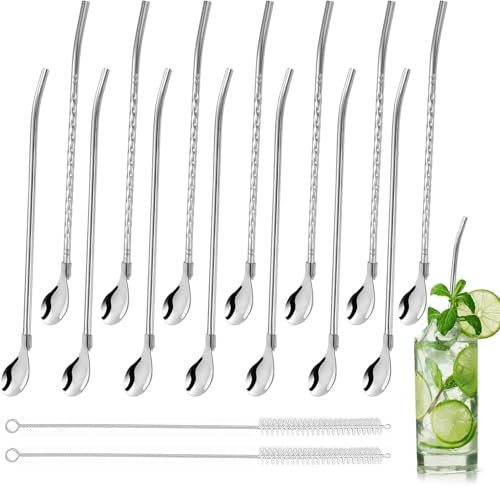 14-Piece Stainless Steel Drinking Straw & Spoon Set, 2-in-1 Reusable Metal Straws with Spoons, 2 Cleaning Brushes, for Smoothies, Milkshakes & Coffee Stirrer (Silver)