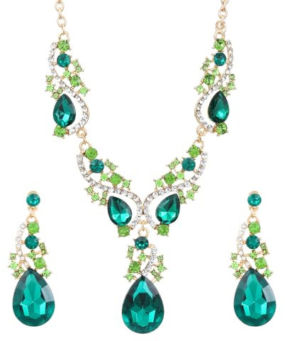 FDEETY Schmuckset Grün Strass Halskette Ohrringe Sets Luxus Exquisit Schmuck Set Braut Hochzeit Party für Damen und Mädchen