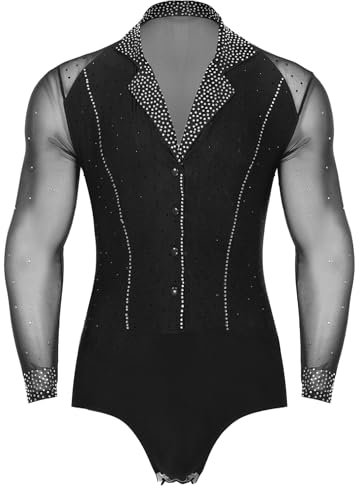 TiaoBug Herren Latein Body Langarm Hemd mit Reverskragen Zierknöpfe Ballettanzug Stringbody Ballett Trikot V-Ausschnitt Gymnastik Leotard Glänzend Eiskunstlauf Kostüm Schwarz XL