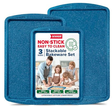 BAKKEN Kitchen Baking Pan Set - Nonstick Coating, Commercial Grade Carbon Steel Bakeware Sets, Baking Kitchen Essentials, PFOA, PFOS, PTFE Free, Oven Safe Tray (Up To 450° F), Set of 3, Blue Marble
