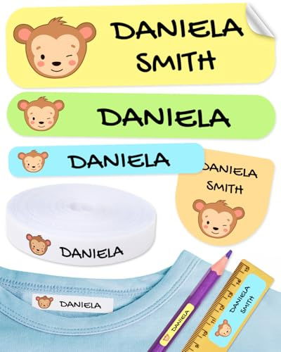155 Etiquetas para ropa y objetos personalizadas.100 Etiquetas de tela para planchar y 55 pegatinas adhesivas para material escolar. Nombre personalizado.