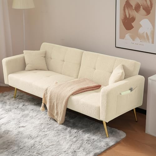 BTM Sofa Bed, 3 Seater Sofa Settee Couch with 3 Adjustable Backrest Angles, Gold Legs, Cushions and Side Storage Pockets, Beige Sharpa Surface