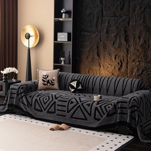 tianxinbaobei Throw Blanket for Couch, Boho Sofa Throw Blankets, Boho Sofas Slipcovers, Chenille Couch Cover Blanket for 3-4 Seater, Geometrical Sofa Cover(1PC, Dark Grey, 71×150, 3-4 Seater)