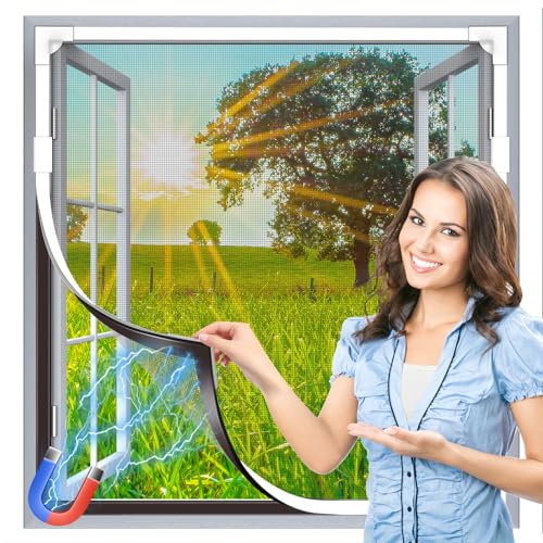 HOFUDON Adjustable Magnetic Fly Screens for Windows, Fit Up to 110x120cm, DIY Fiberglass Insect Mesh for Mosquito Net & Bug Screen, Full Frame Magnetic Strip White Frame Grey Mesh