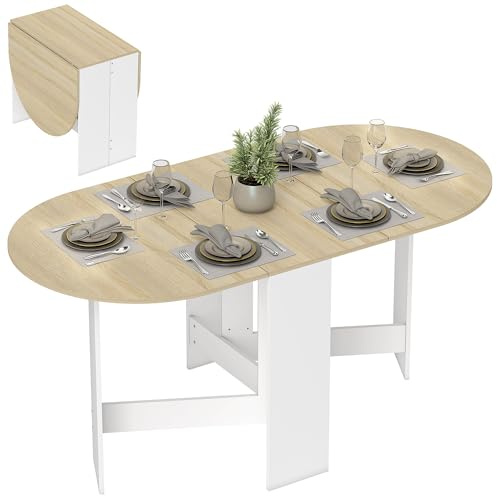 HOMCOM Mesa Plegable de Comedor, Mesa de Cocina Plegable Ovalada, 163x80x75 cm con Alas Abatibles, hasta 6 Personas, para Comedor, Salón, Espacio Pequeño, Natural