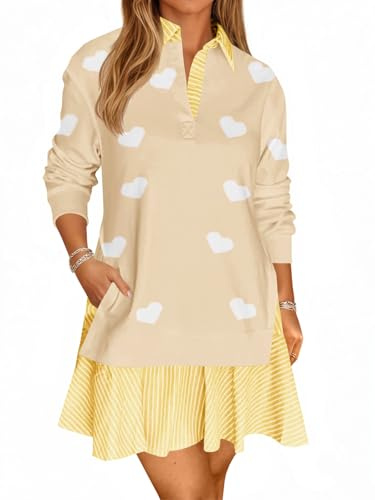 Wenrine Womens Oversized Sweatshirt Dress Casual Long Sleeve Heart Valentines Collared V Neck Loose Patchwork Mini Dresses