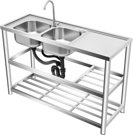 Fristående diskbänk i rostfritt stål, 2 handfat, 120 x 45 x 80 cm – inkl. kran för vatten, dräneringsyta och tillbehör – gastro-diskbänk för kök, restaurang, camping och utomhus