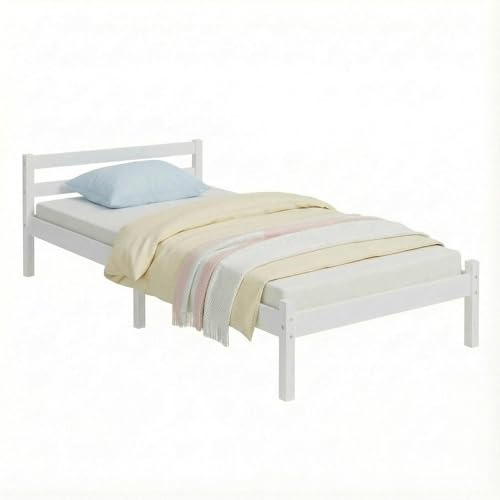 FurnitureR Lit Simple pour Adultes en Bois, Cadre en Pin, Tête et Pied Minimalistes Style Nordique, Rangement sous Le Lit, Idéal Enfants, Ados ou Chambre d'amis, Blanc, 90 x 190 cm