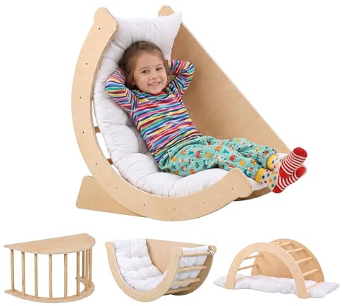 Relaxdays Arche basculante pour Enfants, dès 18 Mois, Naturel/Blanc | bois + coussin, cap. 50 kg, HxLxP 44,5x80x40 cm