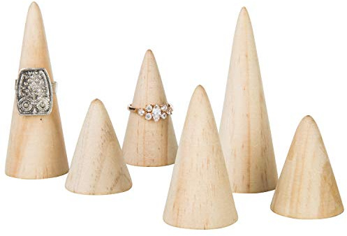 MyGift Wooden Ring Holder Set of 6 - Natural Wood Engagement & Wedding Jewelry Display Cone for Women, Men - Modern Triangular Freestanding Ring Organizer for Vanity, Retail (3 Sizes)