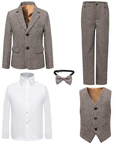 Boy's 5 Pieces Tuxedos Toddler Formal Suits Set Kids Slim Fit Suit for Weddings Size 12 Linen